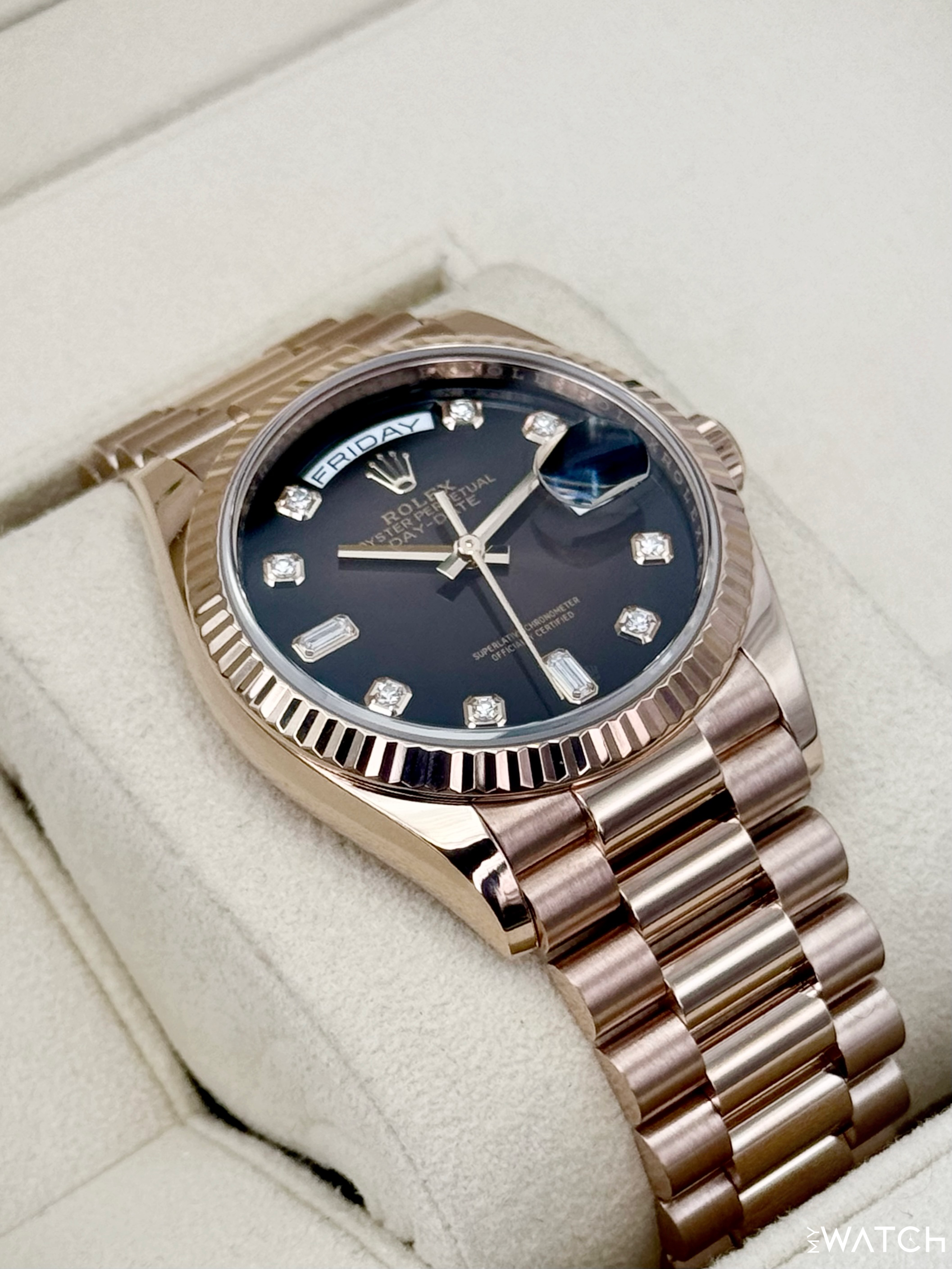 2022 Rolex Day-Date 36mm 128235 Rose Gold Chocolate Diamond Dial