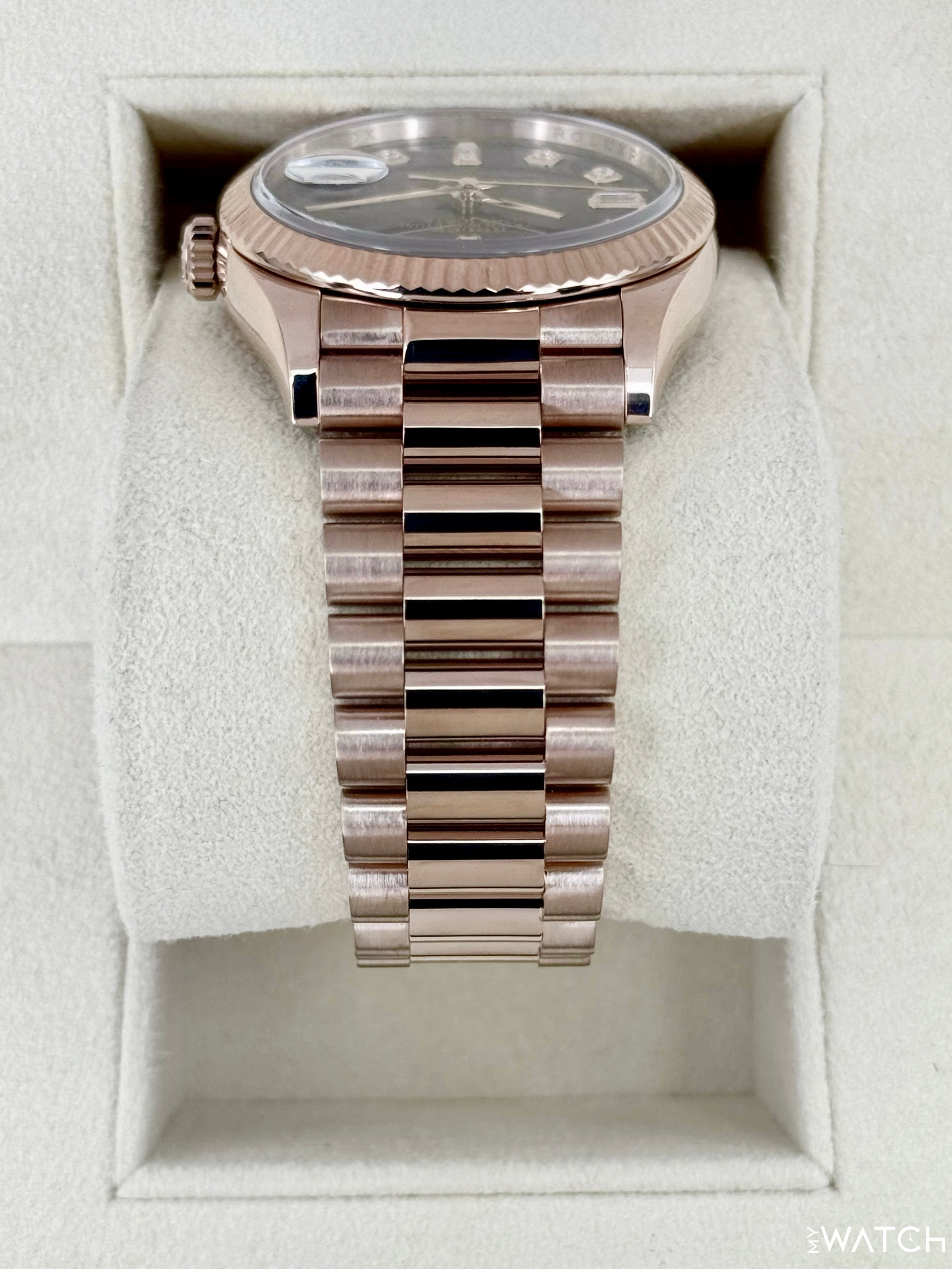 2022 Rolex Day-Date 36mm 128235 Rose Gold Chocolate Diamond Dial