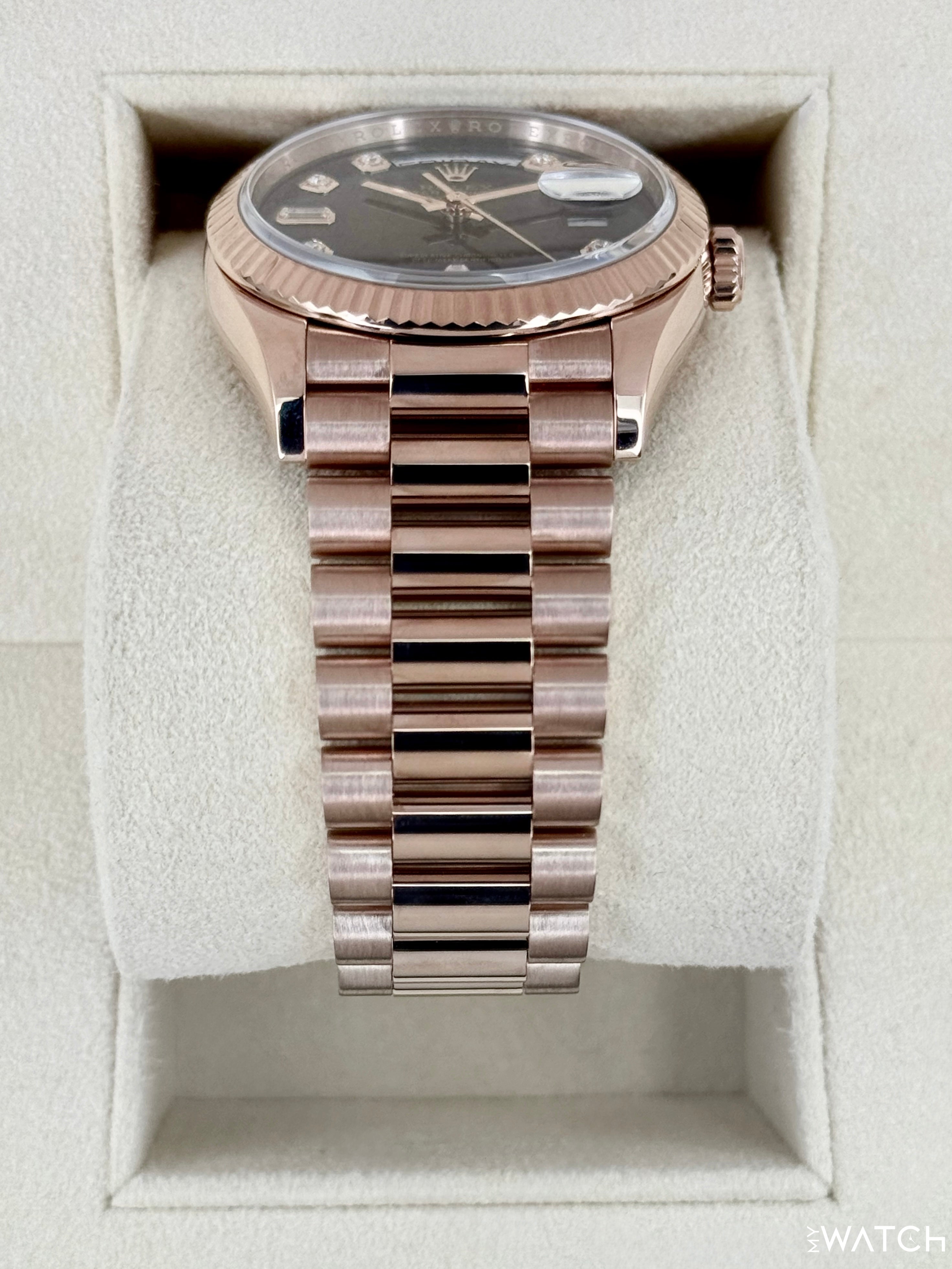 2022 Rolex Day-Date 36mm 128235 Rose Gold Chocolate Diamond Dial