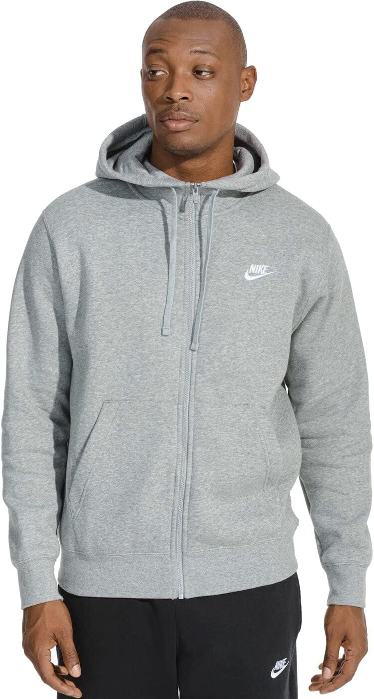 Nike Men's Sportswear Club Fleece Full Zip Hoodie, Fleece Zip-Up Hoodie Men, Dark Grey Heather/Mattelic Silver/White, L