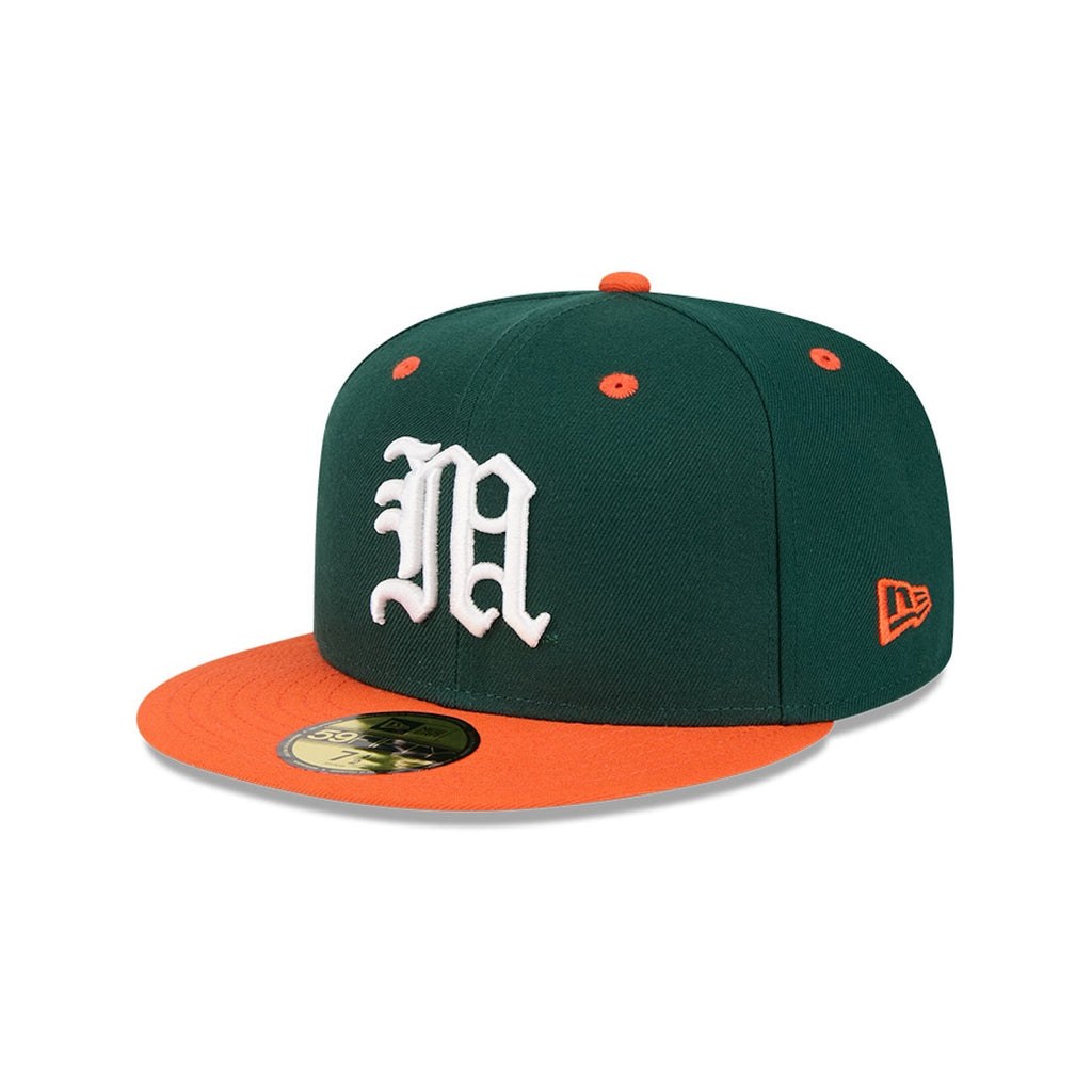 New Era Miami Hurricanes Green and Orange Old English "M" 59FIFTY Fitted Hat
