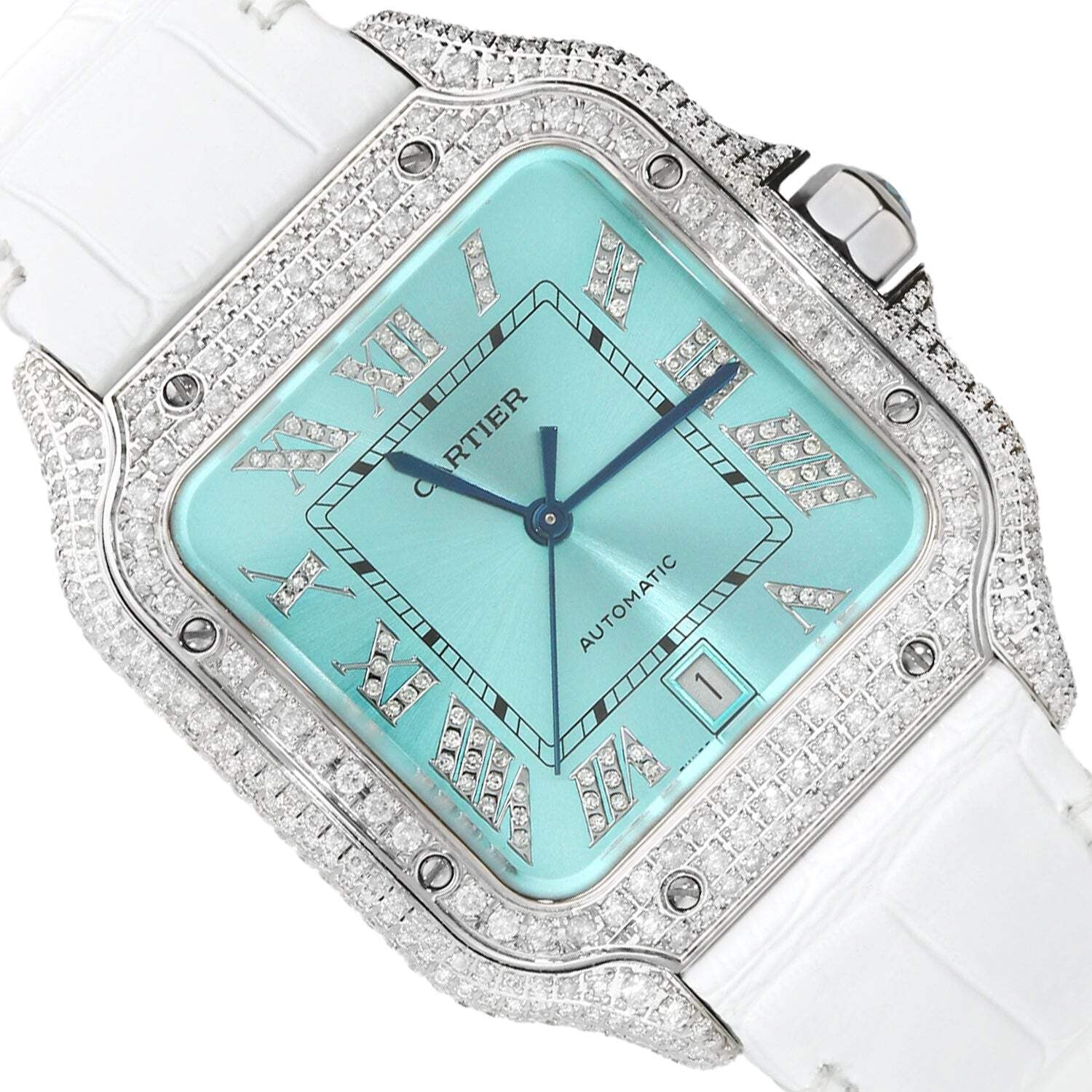 NEW 5TCW Natural Diamond Cartier Santos Large 40mm Pave Roman Turquoise Dial Wat