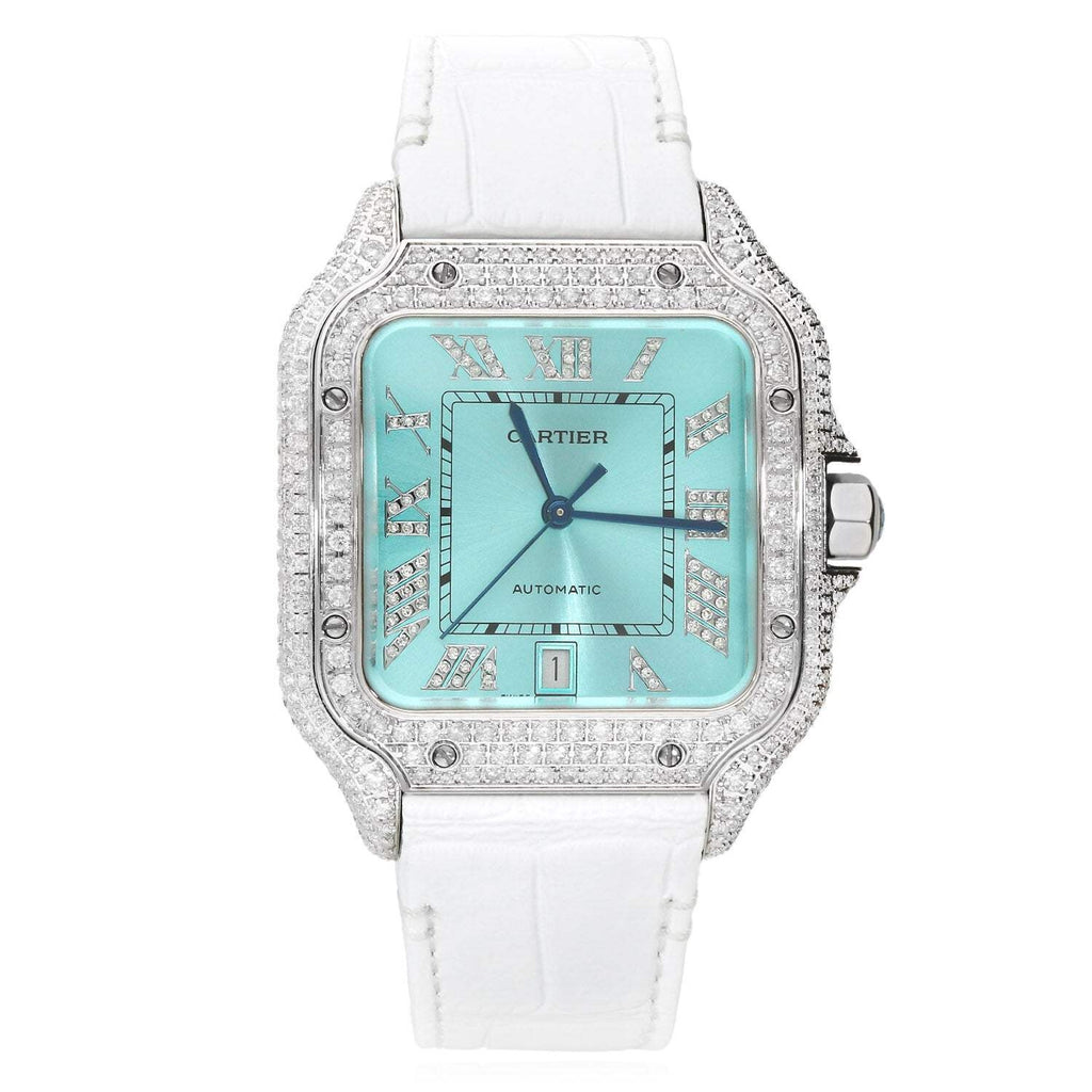 NEW 5TCW Natural Diamond Cartier Santos Large 40mm Pave Roman Turquoise Dial Wat