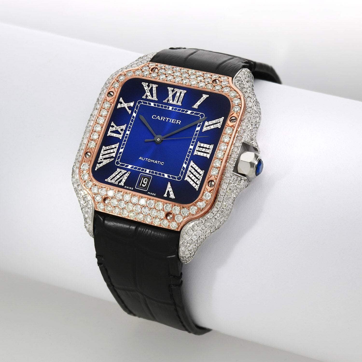 NEW 3.50TCW Natural Diamond Cartier Santos Large 40mm Pave Roman Blue Dial Men's