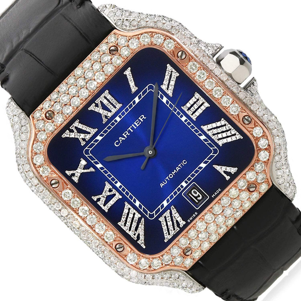 NEW 3.50TCW Natural Diamond Cartier Santos Large 40mm Pave Roman Blue Dial Men's