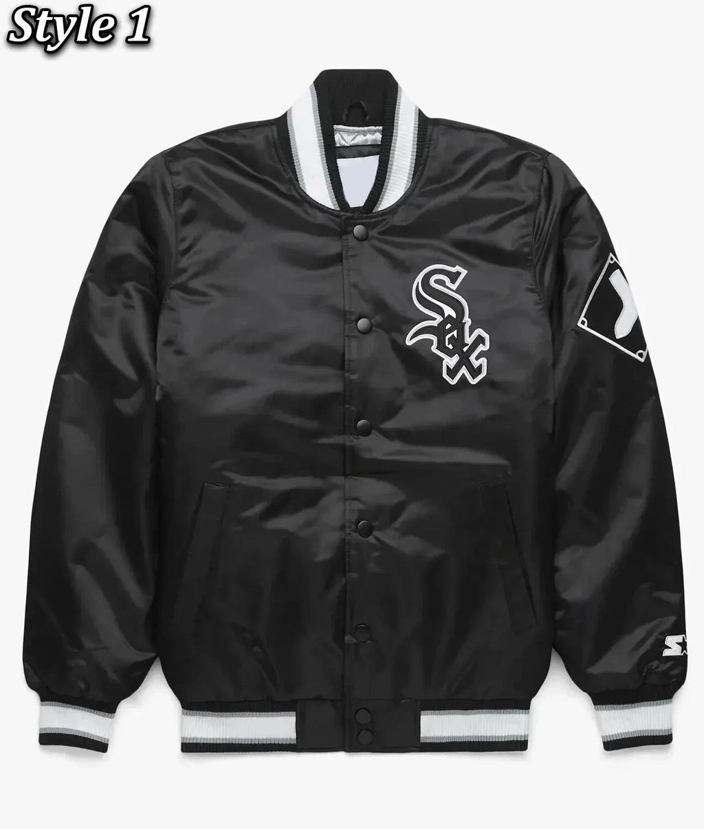 Men's CW Sox Black Satin Jacket Letterman Bomber Style Varsity League Jacket