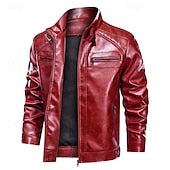 Men's Faux Leather Jacket Biker Jacket Red Leather Jacket Motorcycle Jacket Vacation Daily Windproof Warm Pocket Fall Winter Plain Fashion Classic Stand Collar Regular Black Red Brown Jacket        #12493236
